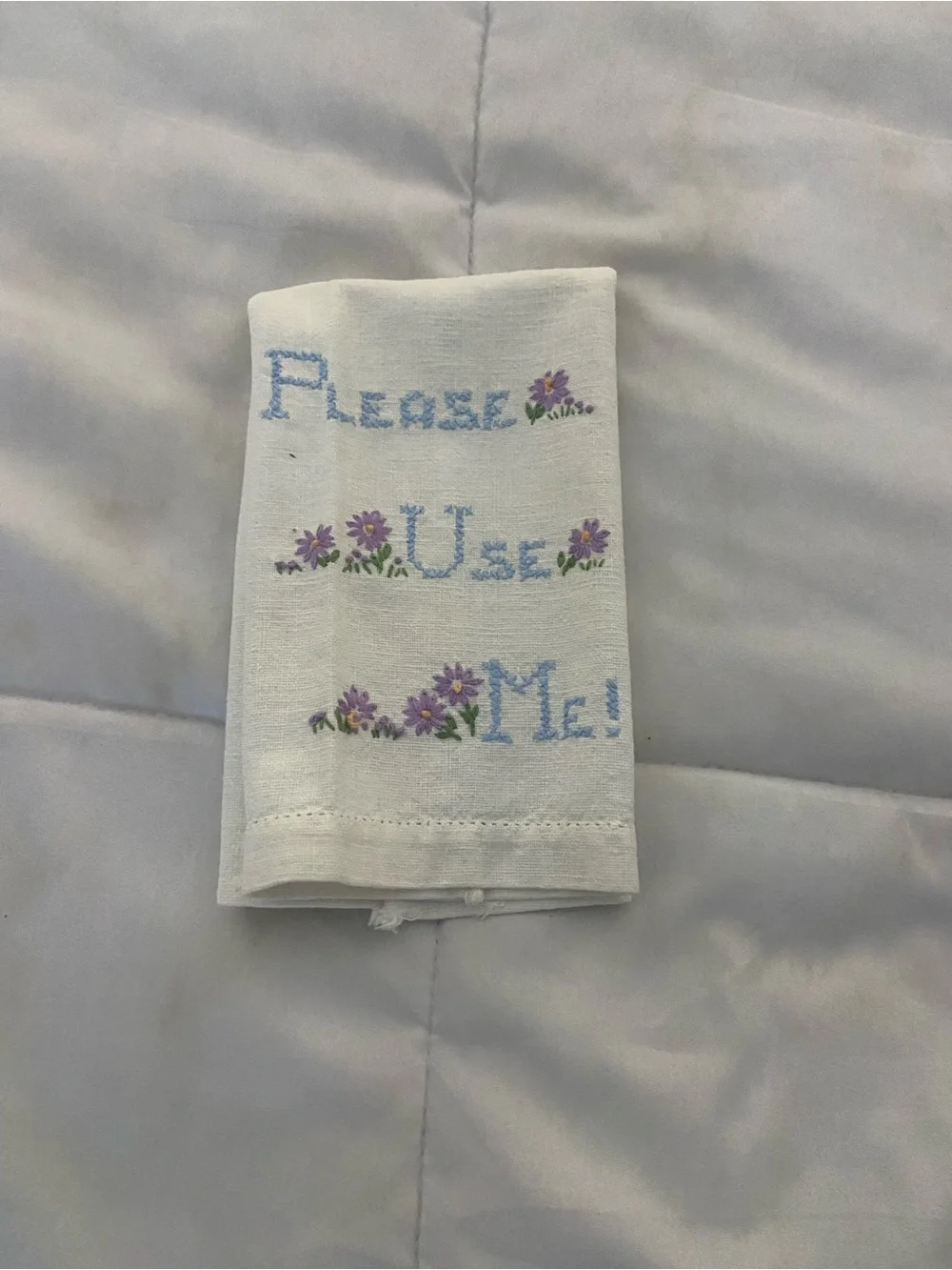 Please Use Me! Embroidered White Hand Towel with Purple Flower Accents
